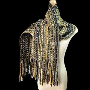 Raffaello Bettini Basket Weave Fringe Scarf 72 x 9 Navy Tan Gray Wool Blend OS